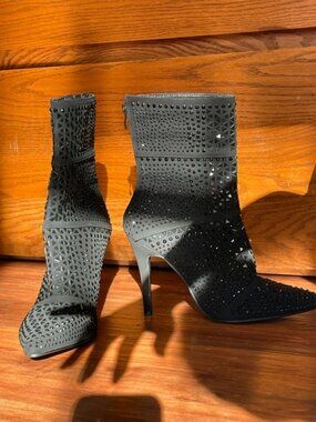 Black rhinestone heeled boots